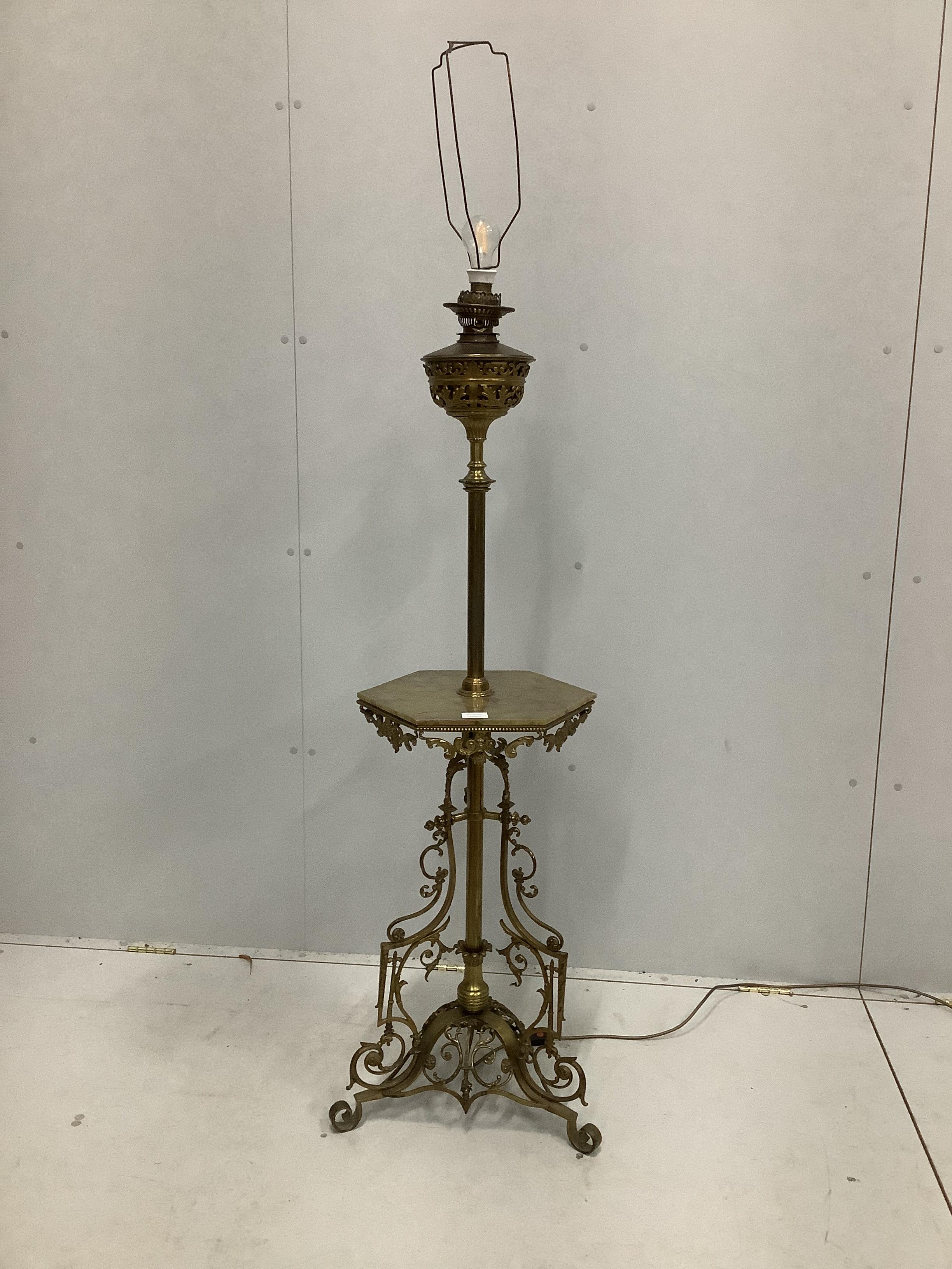 An Edwardian brass and green onyx standard lamp table, height 140cm